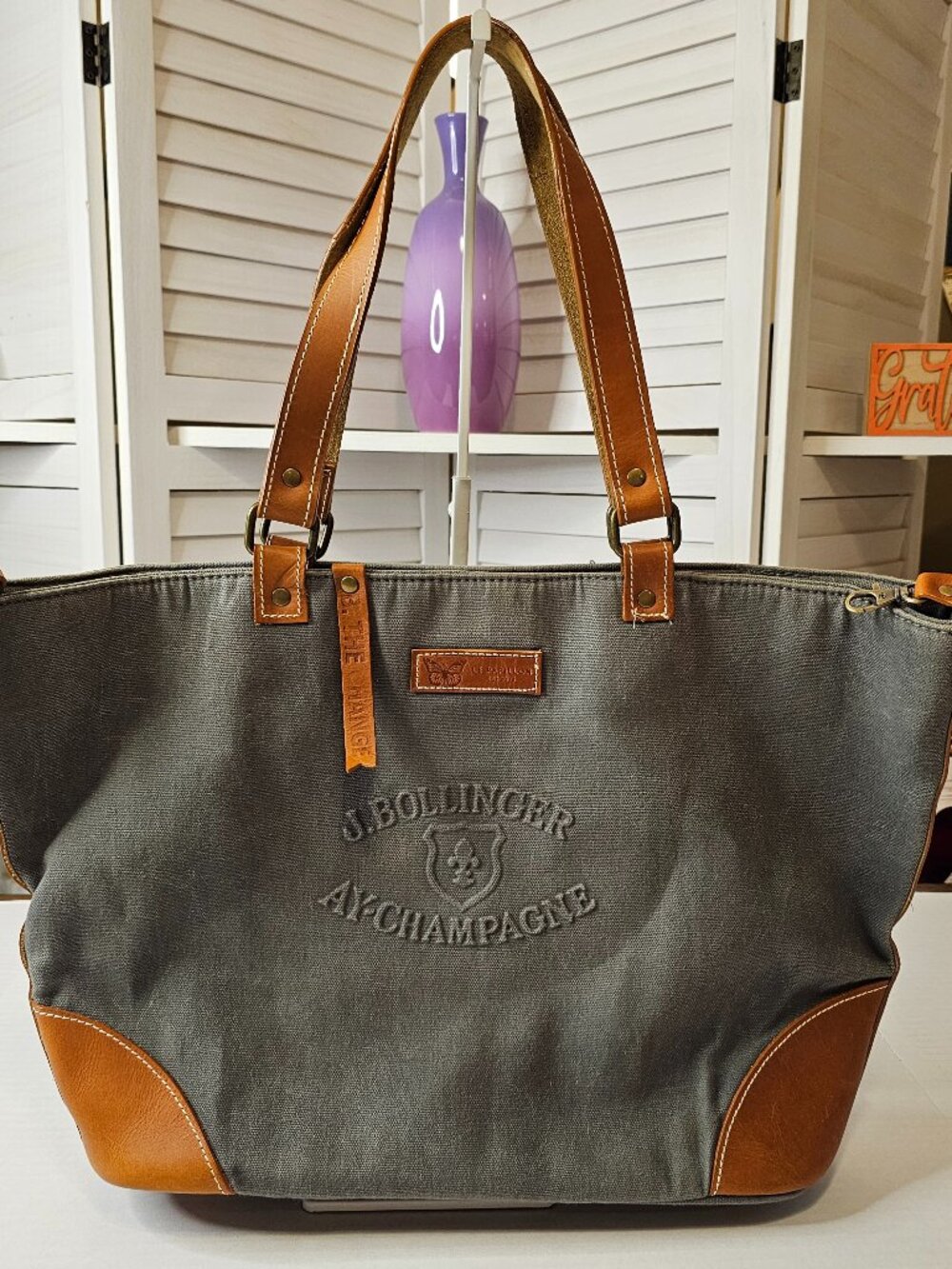 Le Papillon B. The Change, XL, Gray Tote Bag, Brown Leather Accents, Like New
